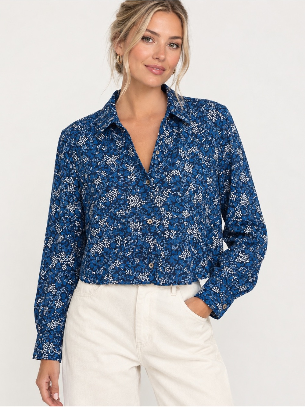 Michael Kors Navy Blue Floral Button-Up cropped long sleeve Shirt Sz XL